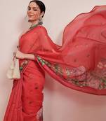 Red printed cotton blend ethnic saree with blouse piece