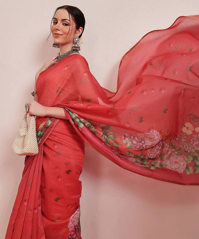 Red printed cotton blend ethnic saree with blouse piece