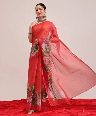 Red printed cotton blend ethnic saree with blouse piece 2