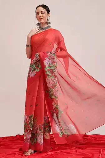 Red printed cotton blend ethnic saree with blouse piece