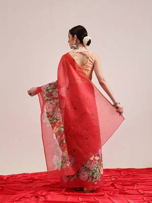 Red printed cotton blend ethnic saree with blouse piece 3
