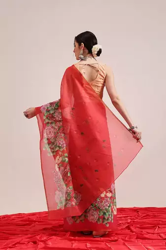 Red printed cotton blend ethnic saree with blouse piece