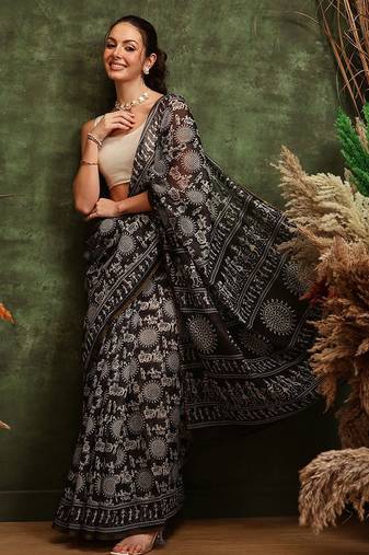 Black printed cotton blend ethnic saree with blouse piece