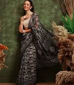 Black printed cotton blend ethnic saree with blouse piece