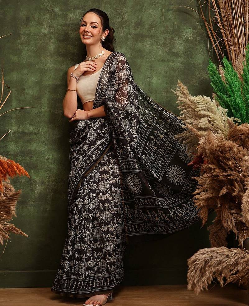 Black printed cotton blend ethnic saree with blouse piece