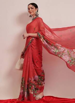 Red printed cotton blend ethnic saree with blouse piece 4