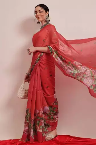 Red printed cotton blend ethnic saree with blouse piece