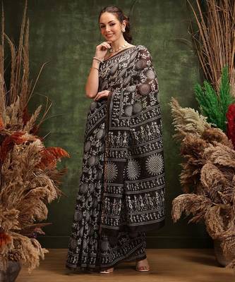 Black printed cotton blend ethnic saree with blouse piece 2