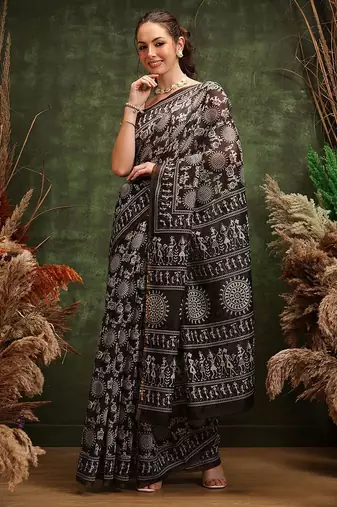 Black printed cotton blend ethnic saree with blouse piece