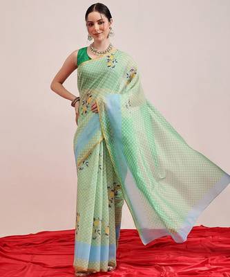 Green printed cotton blend ethnic saree with blouse piece 2
