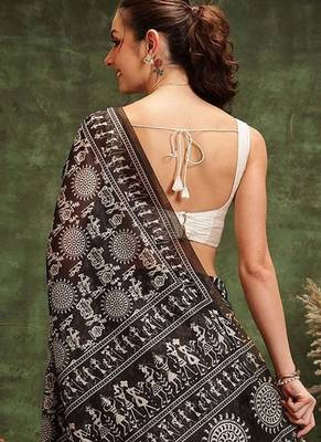 Black printed cotton blend ethnic saree with blouse piece 3