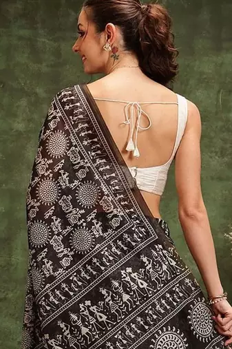 Black printed cotton blend ethnic saree with blouse piece