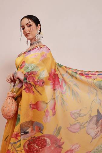 Yellow printed cotton blend ethnic saree with blouse piece