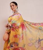 Yellow printed cotton blend ethnic saree with blouse piece