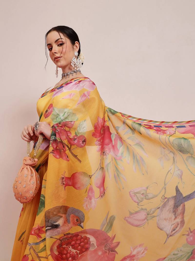 Yellow printed cotton blend ethnic saree with blouse piece