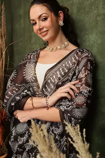 Black printed cotton blend ethnic saree with blouse piece