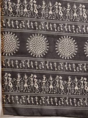 Black printed cotton blend ethnic saree with blouse piece 5