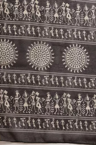 Black printed cotton blend ethnic saree with blouse piece