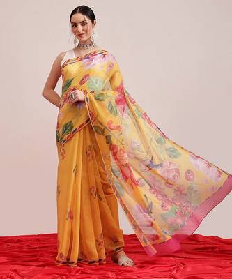 Yellow printed cotton blend ethnic saree with blouse piece 2