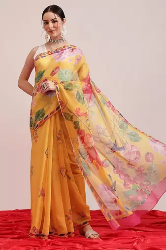 Yellow printed cotton blend ethnic saree with blouse piece