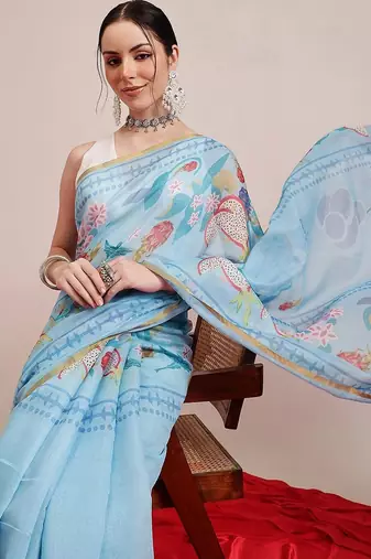 Blue printed cotton blend ethnic saree with blouse piece