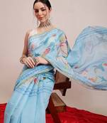 Blue printed cotton blend ethnic saree with blouse piece