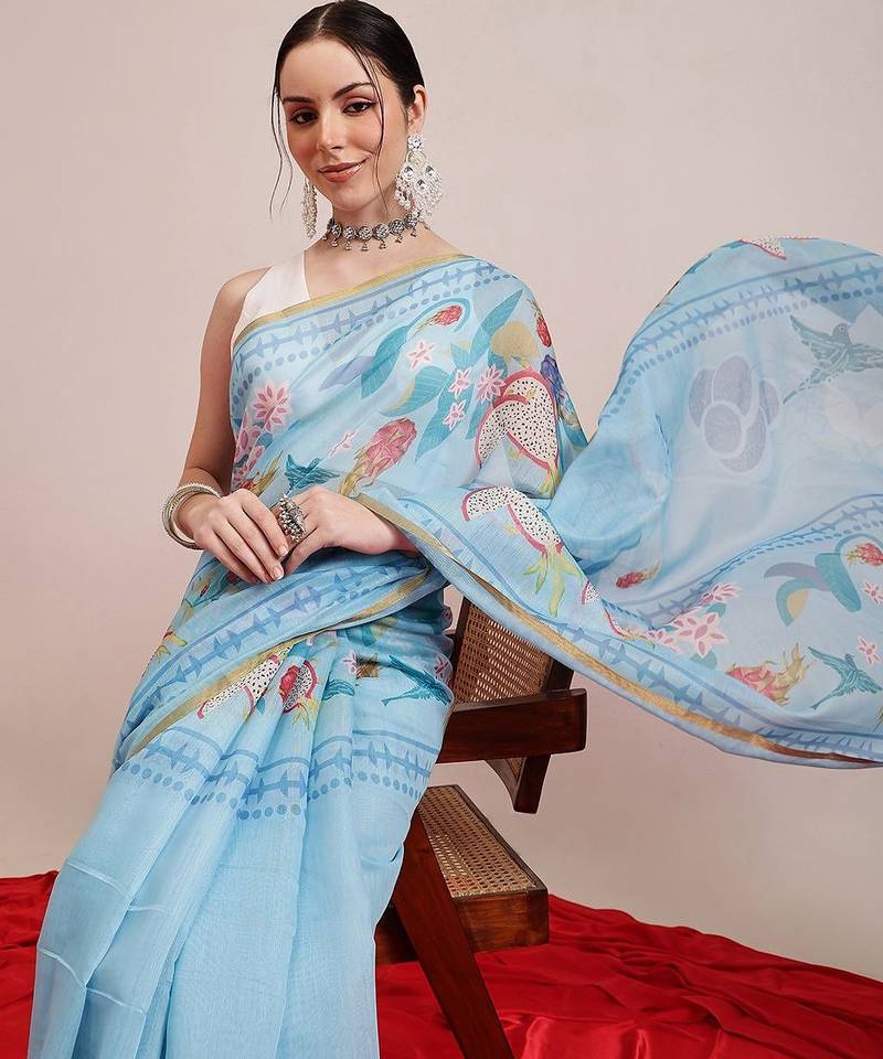 Blue printed cotton blend ethnic saree with blouse piece