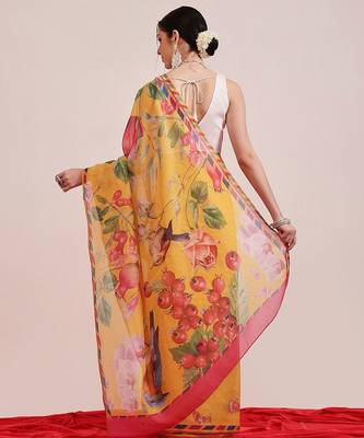 Yellow printed cotton blend ethnic saree with blouse piece 3