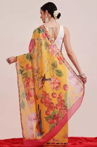 Yellow printed cotton blend ethnic saree with blouse piece