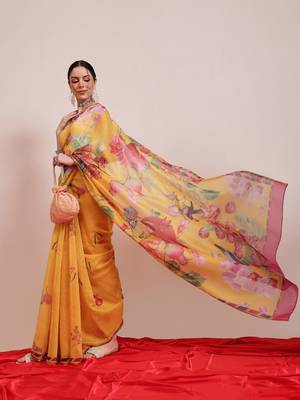 Yellow printed cotton blend ethnic saree with blouse piece 4