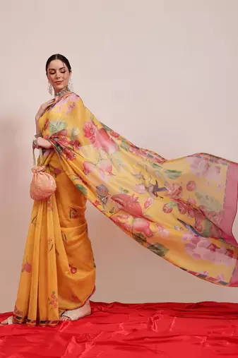 Yellow printed cotton blend ethnic saree with blouse piece