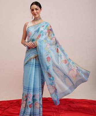 Blue printed cotton blend ethnic saree with blouse piece 2