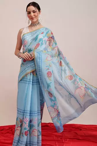 Blue printed cotton blend ethnic saree with blouse piece