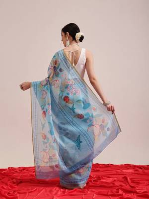 Blue printed cotton blend ethnic saree with blouse piece 3