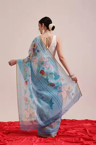 Blue printed cotton blend ethnic saree with blouse piece