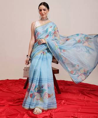Blue printed cotton blend ethnic saree with blouse piece 4