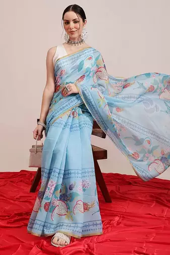 Blue printed cotton blend ethnic saree with blouse piece