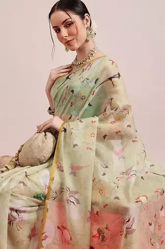 Olive printed cotton blend ethnic saree with blouse piece