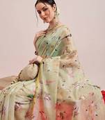 Olive printed cotton blend ethnic saree with blouse piece