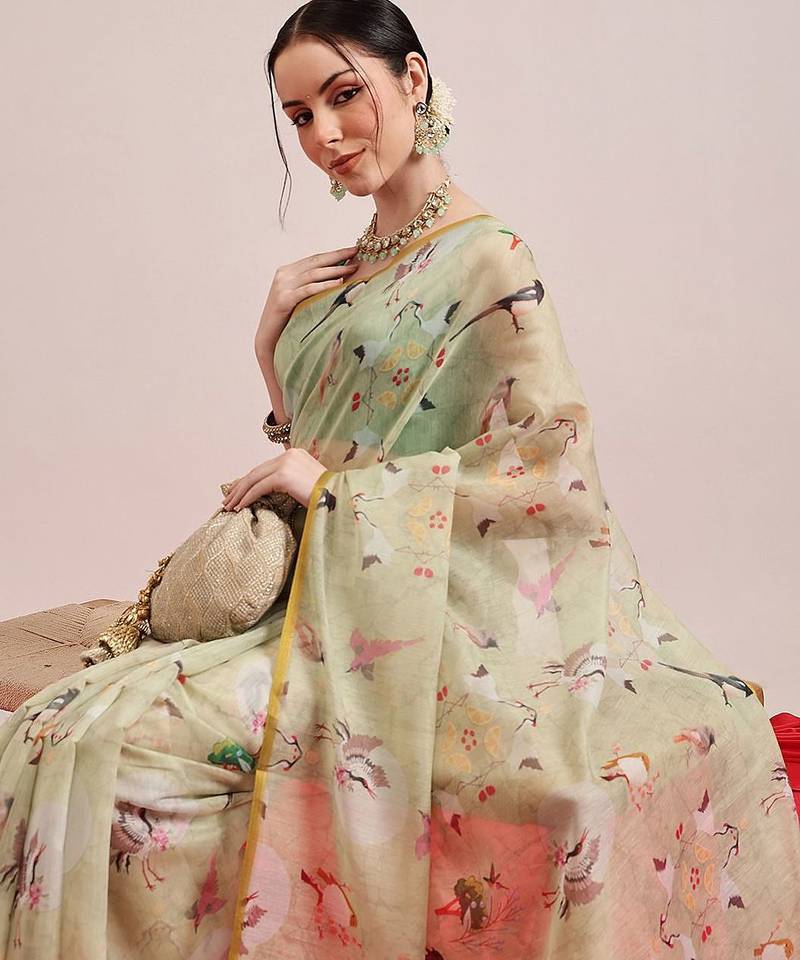 Olive printed cotton blend ethnic saree with blouse piece