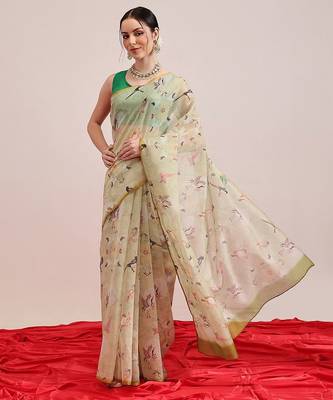 Olive printed cotton blend ethnic saree with blouse piece 2