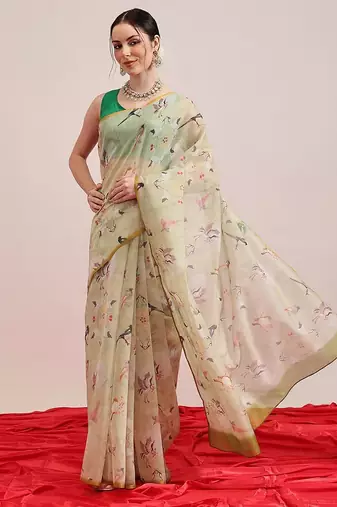 Olive printed cotton blend ethnic saree with blouse piece
