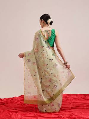 Olive printed cotton blend ethnic saree with blouse piece 3