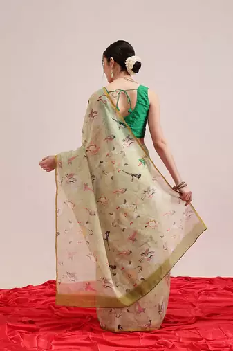 Olive printed cotton blend ethnic saree with blouse piece