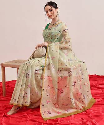 Olive printed cotton blend ethnic saree with blouse piece 4