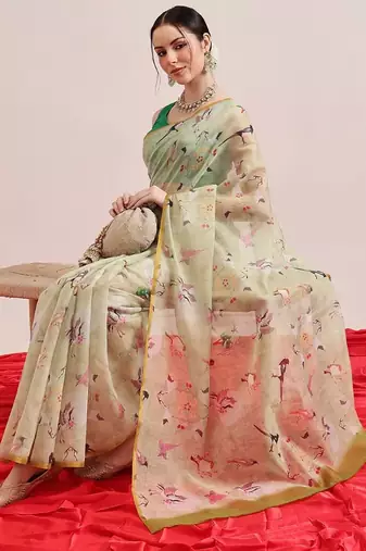 Olive printed cotton blend ethnic saree with blouse piece