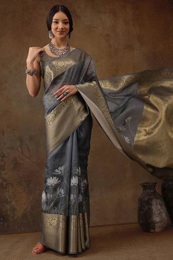 Grey printed silk blend ethnic saree with blouse piece