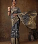 Grey printed silk blend ethnic saree with blouse piece