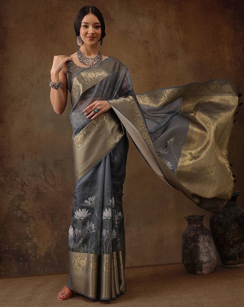 Grey printed silk blend ethnic saree with blouse piece