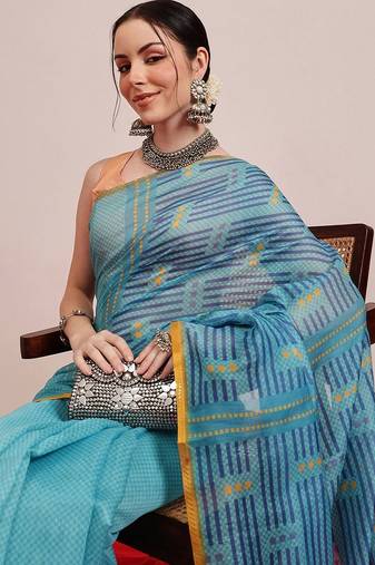 Teal printed cotton blend ethnic saree with blouse piece
